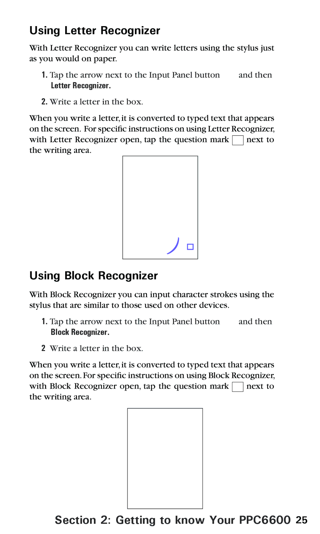 Audiovox PPC 6600 manual Using Letter Recognizer, Using Block Recognizer 