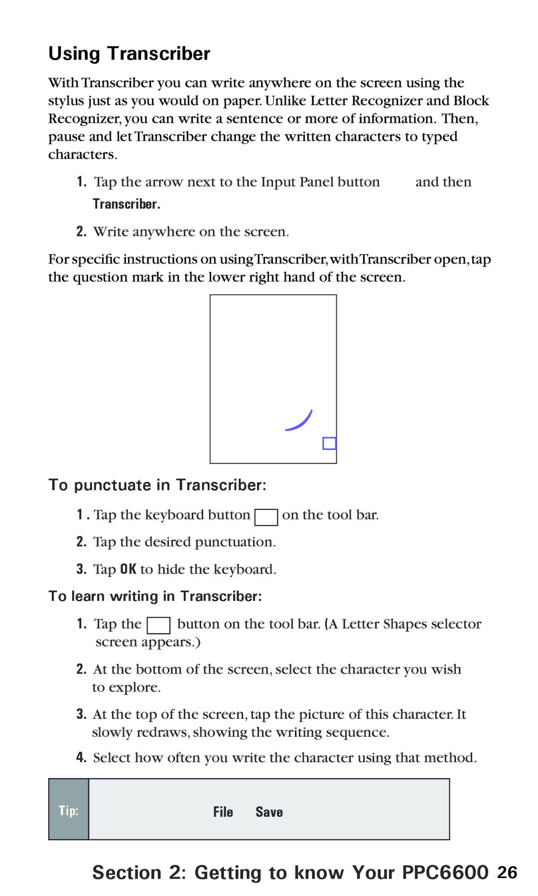 Audiovox PPC 6600 manual Using Transcriber, To punctuate in Transcriber, To learn writing in Transcriber 