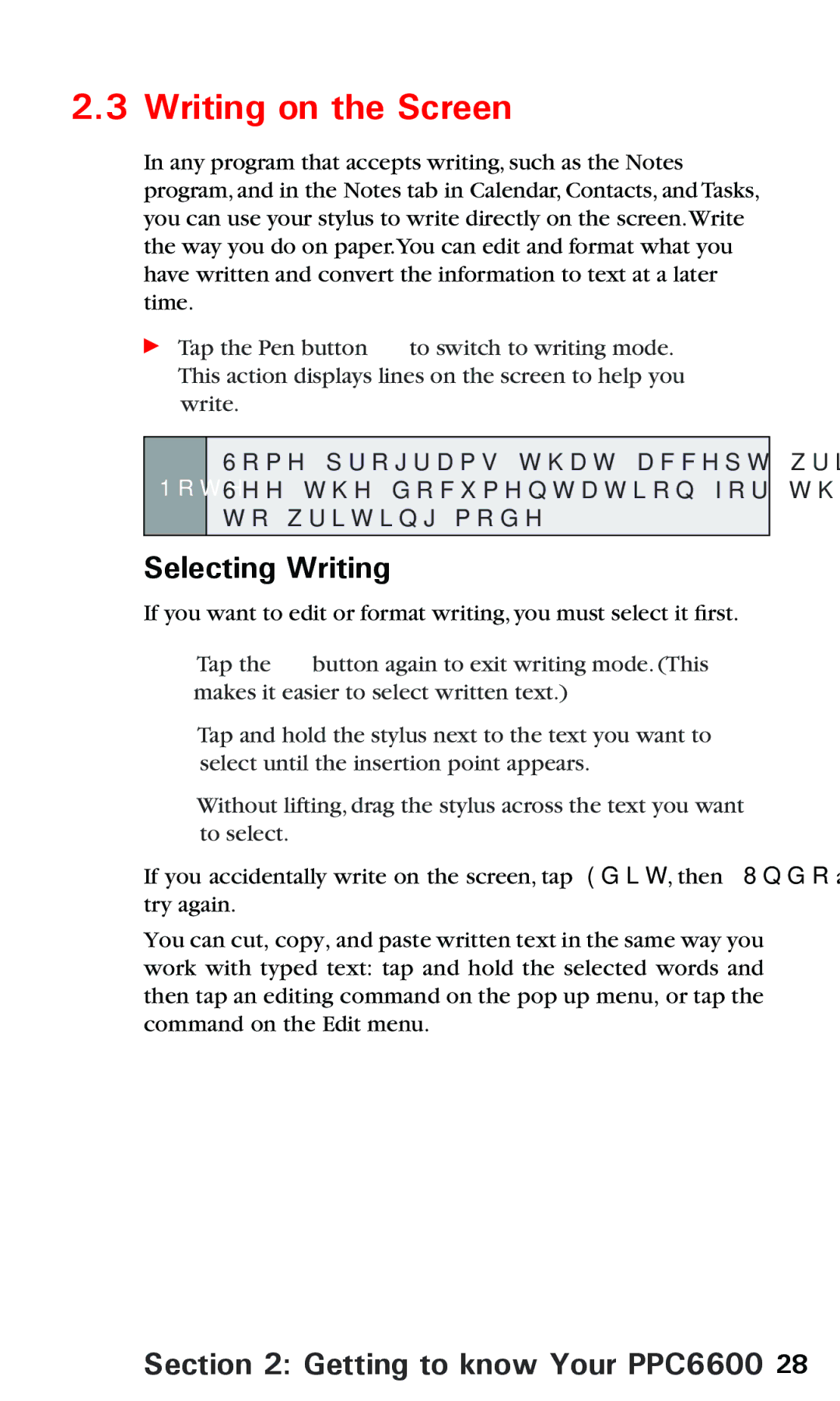 Audiovox PPC 6600 manual Writing on the Screen, Selecting Writing 