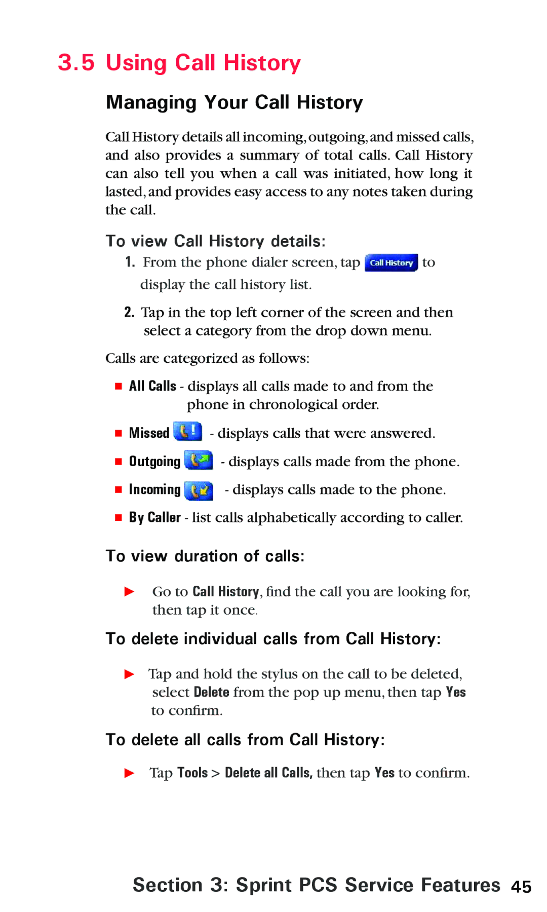 Audiovox PPC 6600 manual Managing Your Call History, To view Call History details, To view duration of calls 