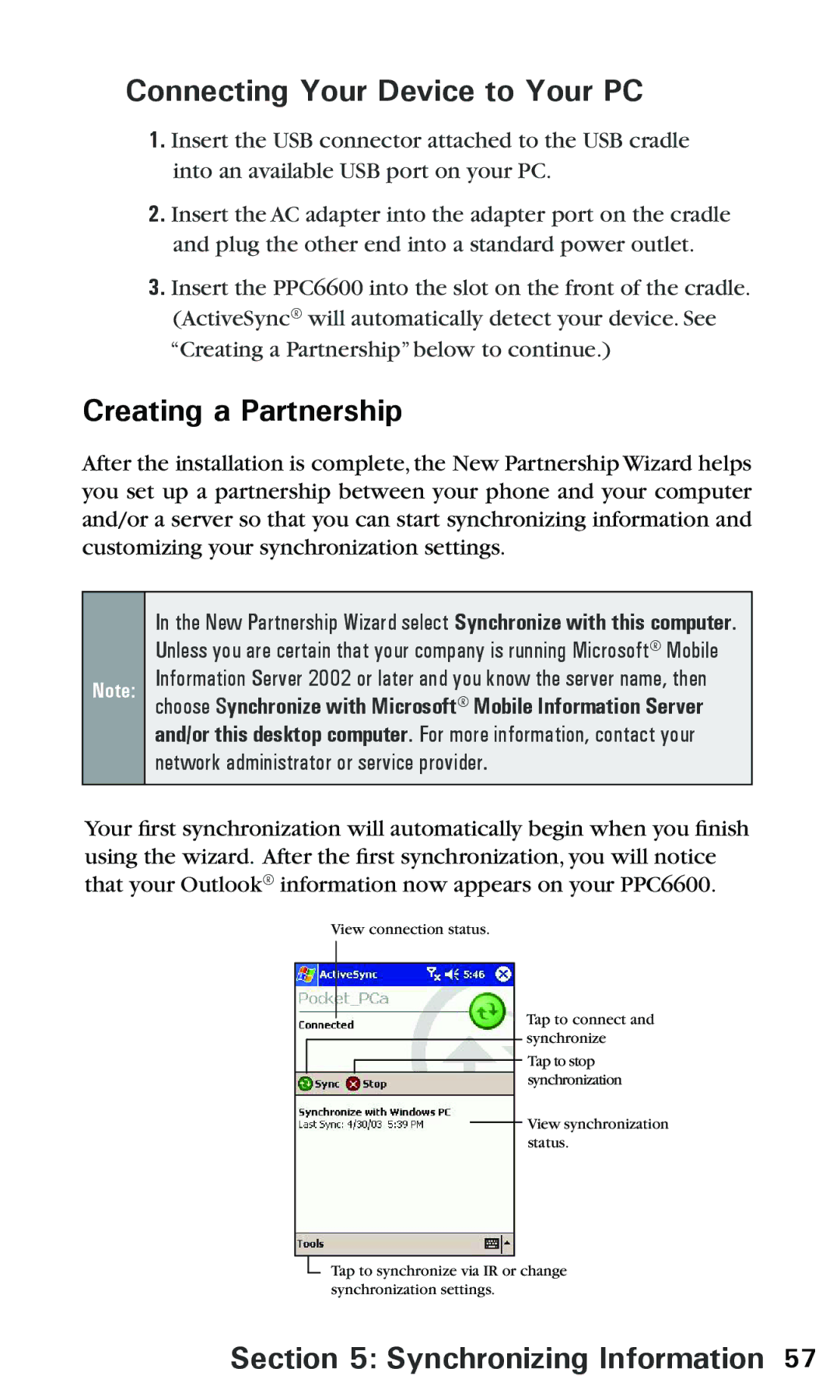 Audiovox PPC 6600 manual Connecting Your Device to Your PC, Creating a Partnership 