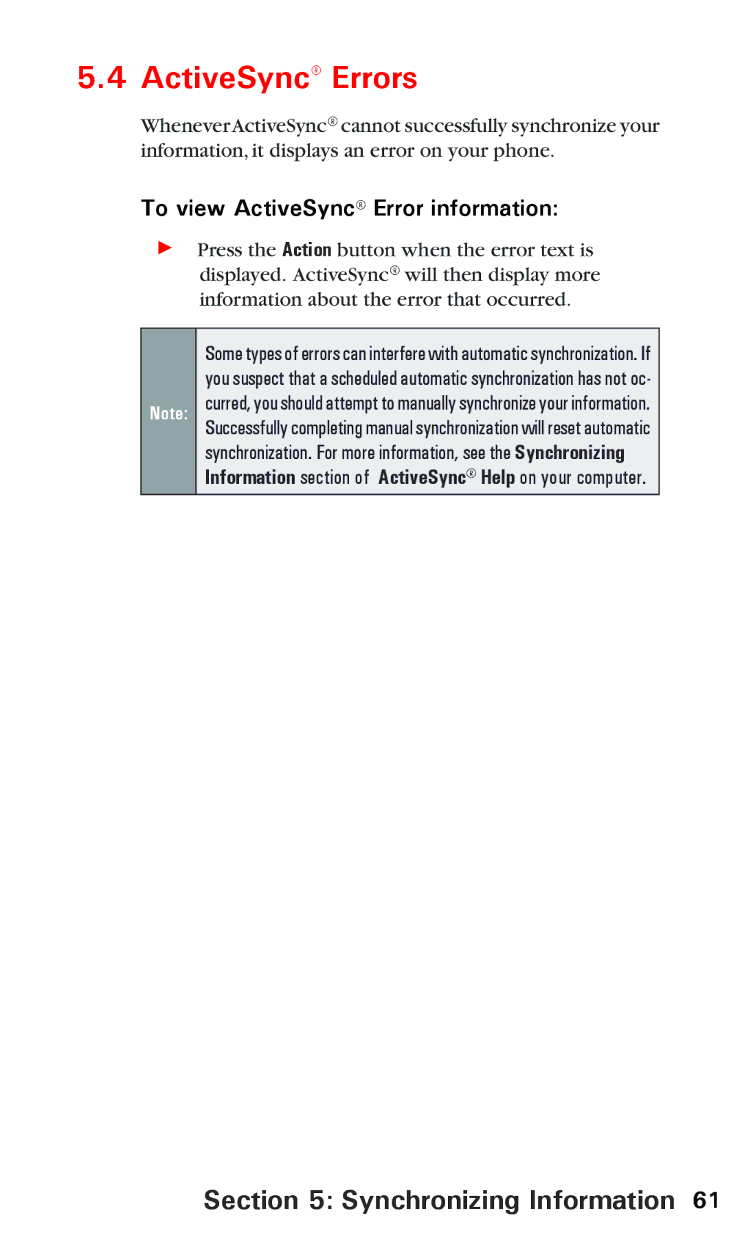 Audiovox PPC 6600 manual ActiveSync Errors, To view ActiveSync Error information 