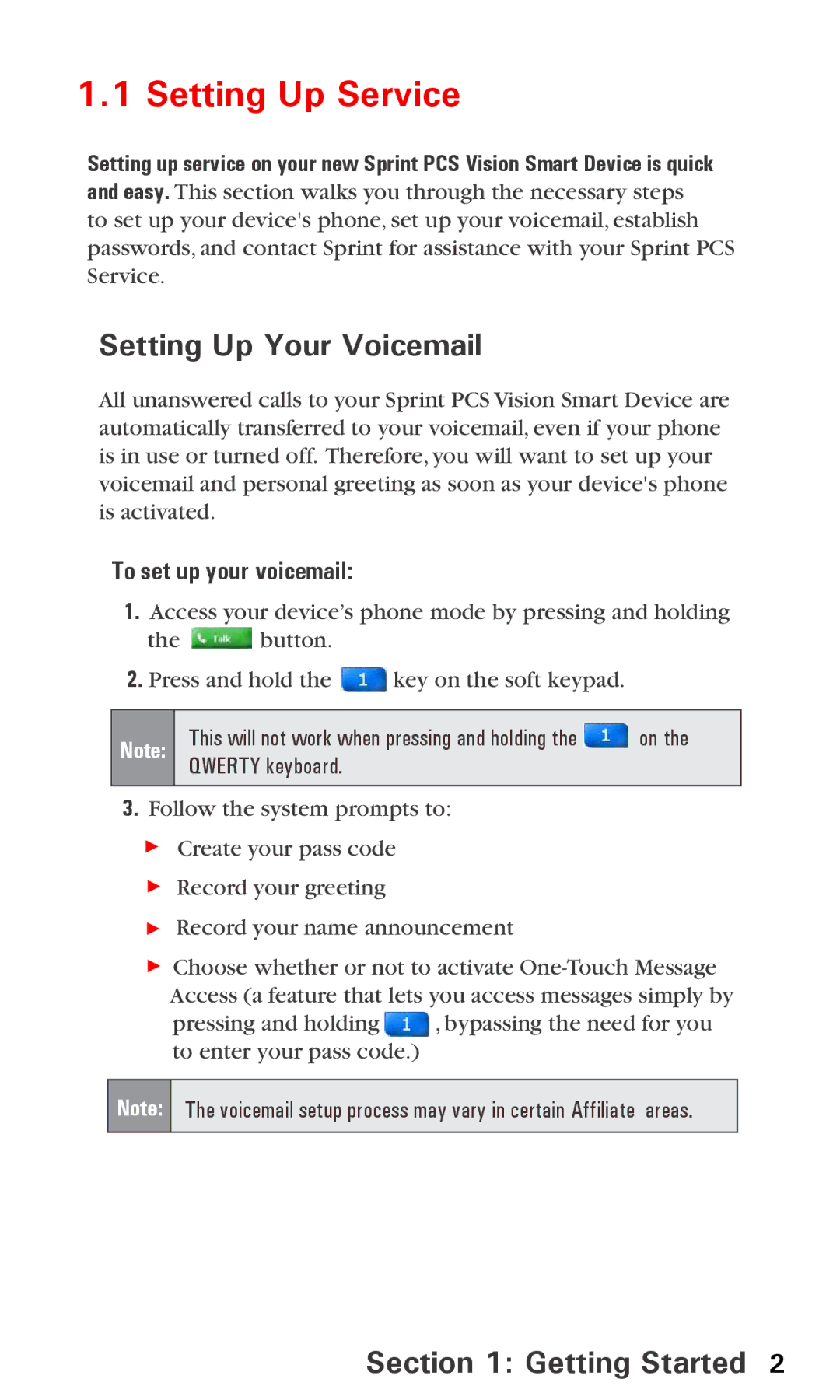 Audiovox PPC 6600 manual Setting Up Service, Setting Up Your Voicemail, Getting Started, To set up your voicemail 