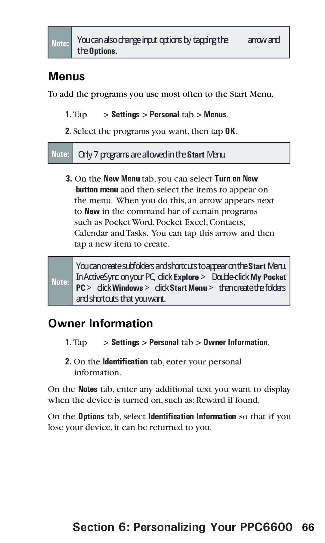 Audiovox PPC 6600 manual Tap Settings Personal tab Menus, Tap Settings Personal tab Owner Information 