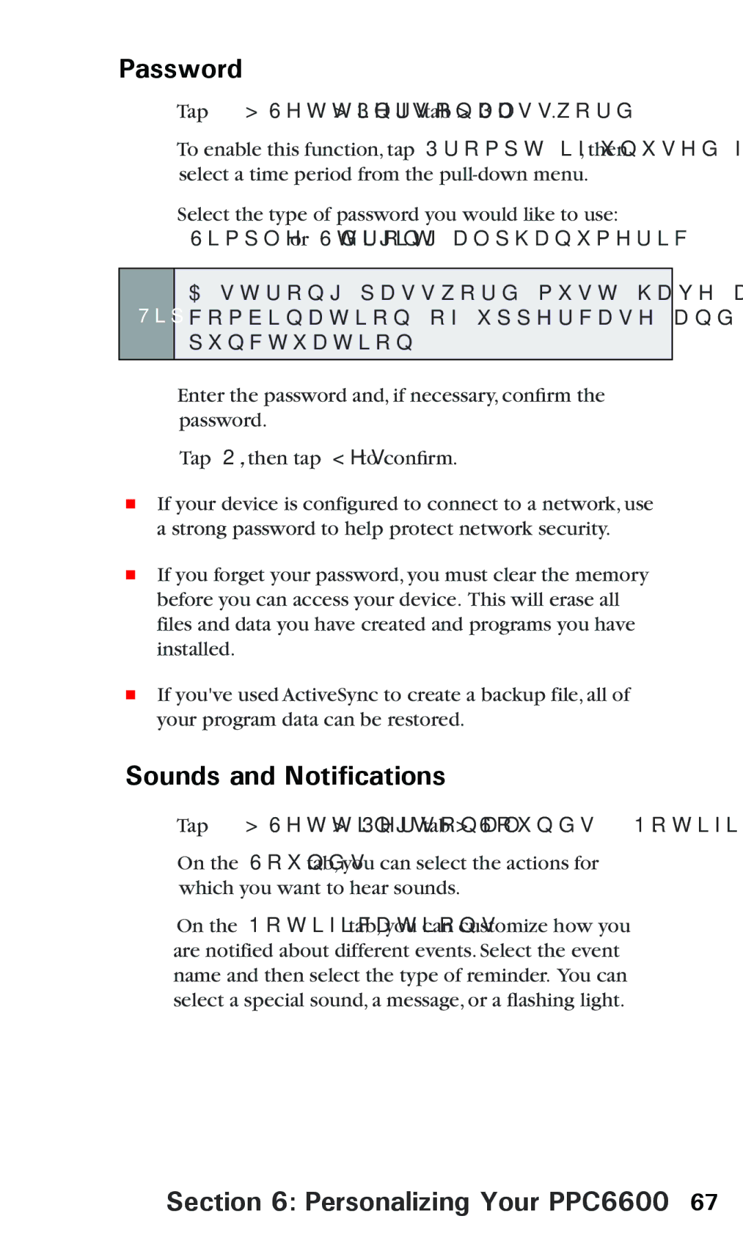Audiovox PPC 6600 manual Password, Sounds and Notifications, Simple 4 digit or Strong alphanumeric 