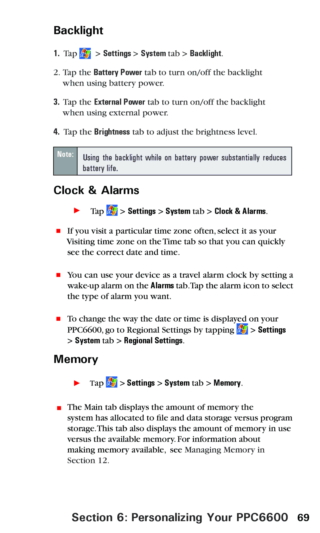 Audiovox PPC 6600 manual Clock & Alarms, Memory, Tap Settings System tab Backlight 