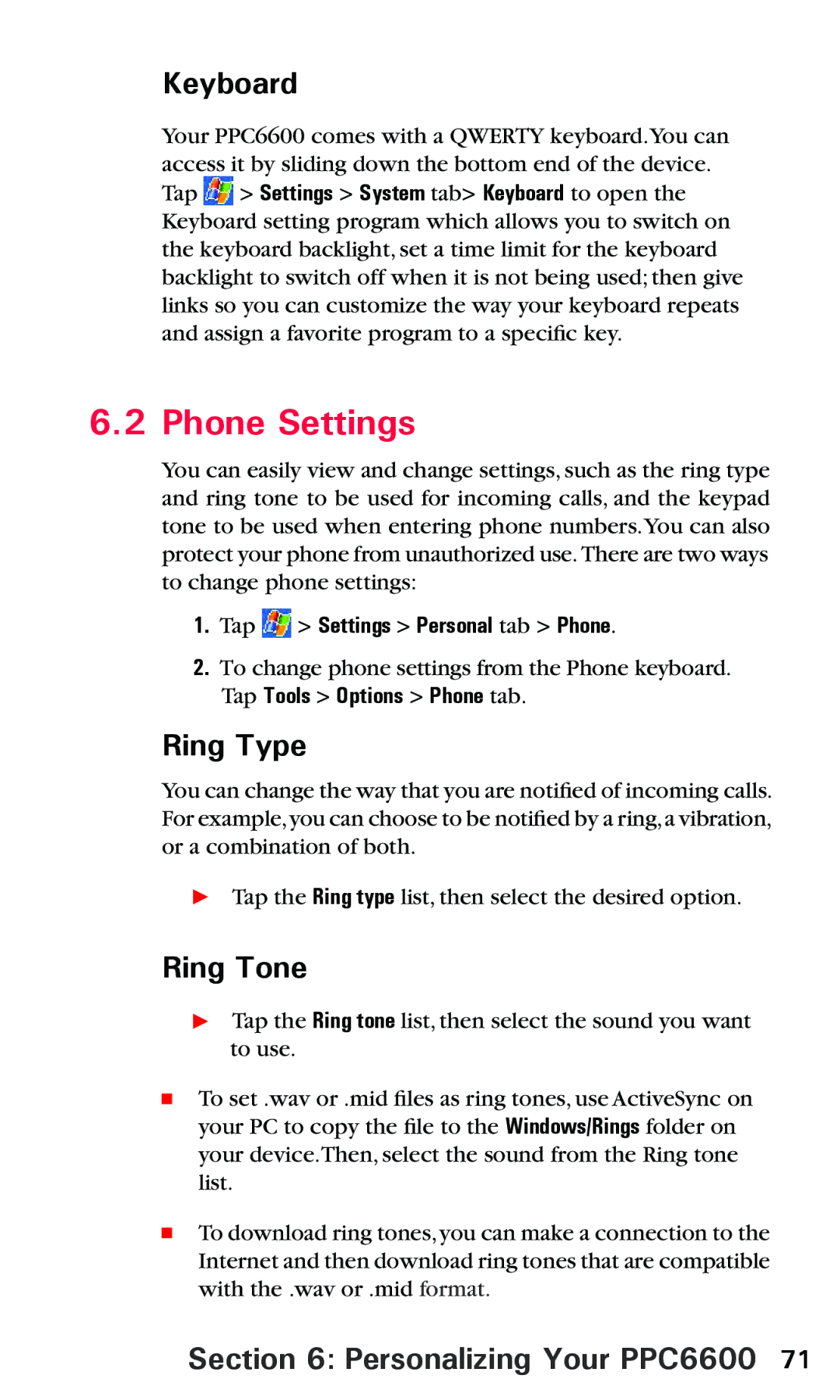 Audiovox PPC 6600 manual Keyboard, Ring Type, Ring Tone, Tap Settings Personal tab Phone 