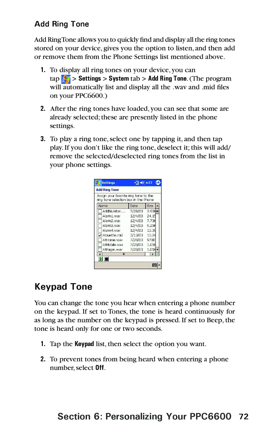 Audiovox PPC 6600 manual Keypad Tone, Add Ring Tone 