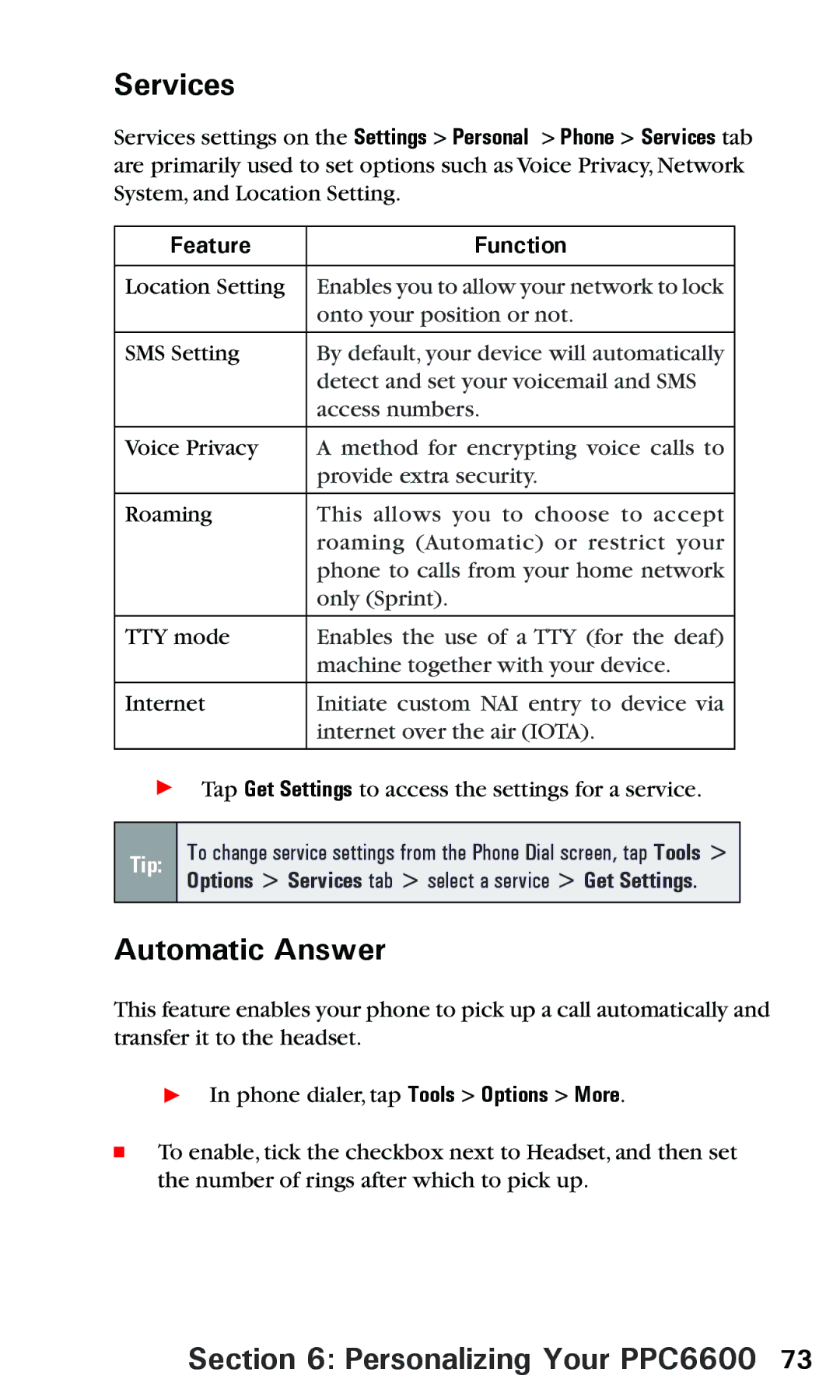 Audiovox PPC 6600 manual Services, Automatic Answer, Feature Function 