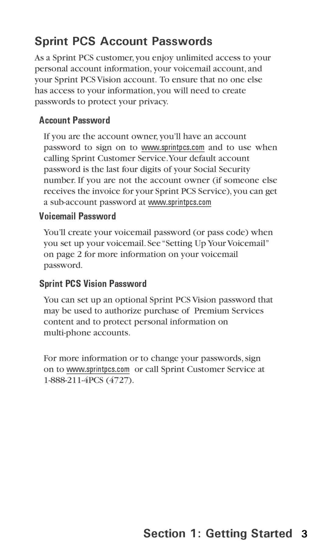 Audiovox PPC 6600 manual Sprint PCS Account Passwords, Account Password Voicemail Password, Sprint PCS Vision Password 