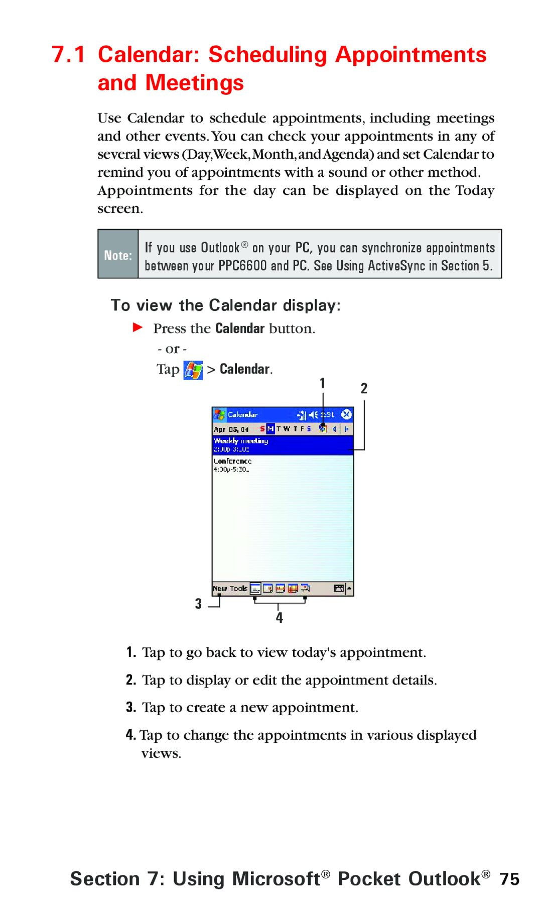 Audiovox PPC 6600 manual Calendar Scheduling Appointments and Meetings, Using Microsoft Pocket Outlook 