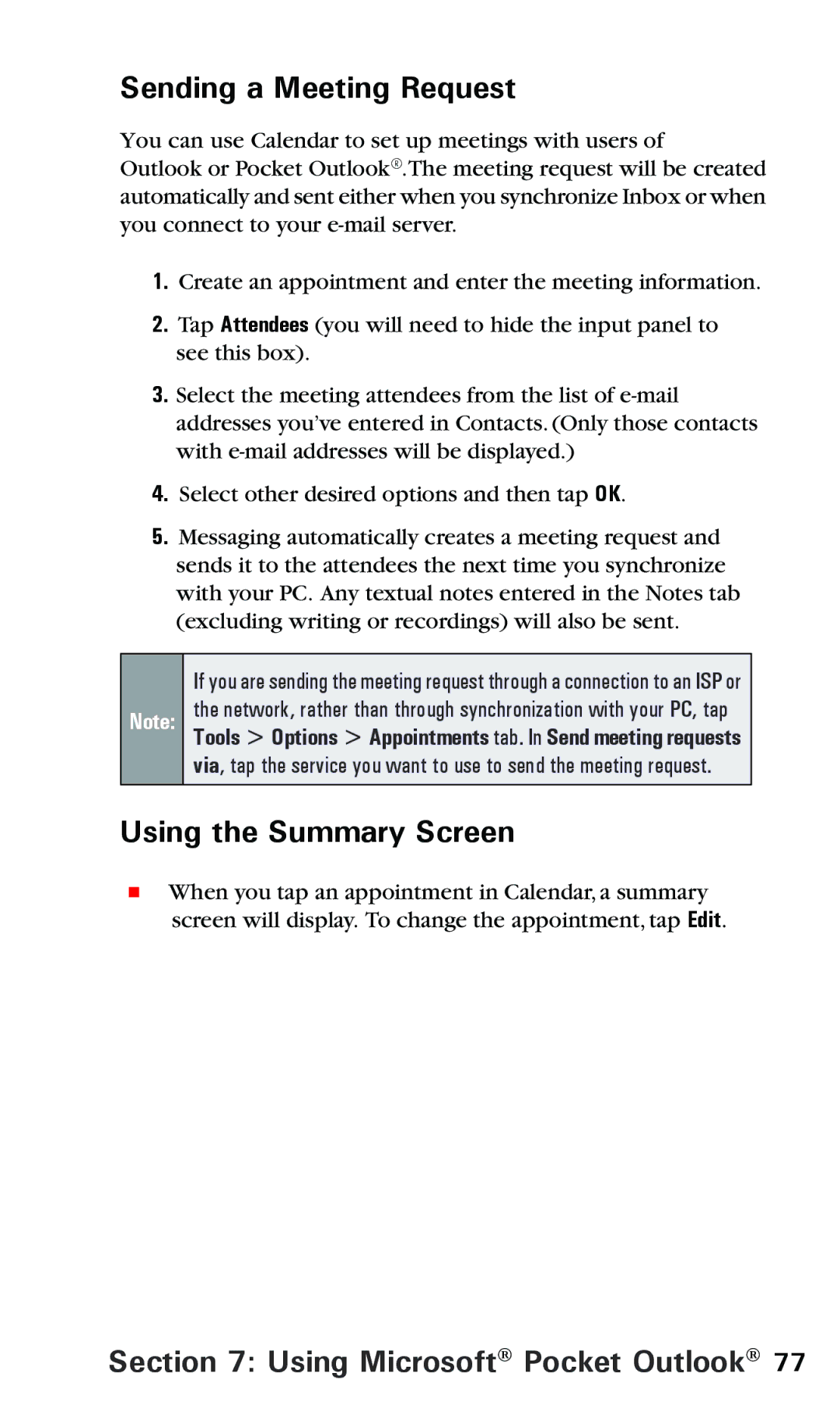 Audiovox PPC 6600 manual Sending a Meeting Request, Using the Summary Screen 