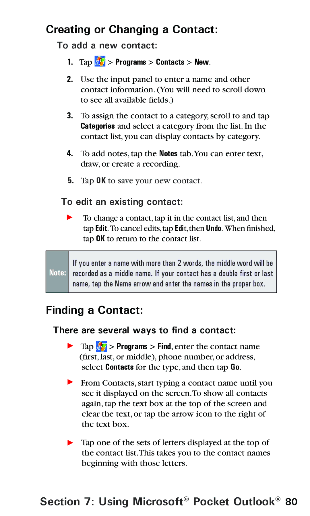 Audiovox PPC 6600 Creating or Changing a Contact, Finding a Contact, To add a new contact, To edit an existing contact 