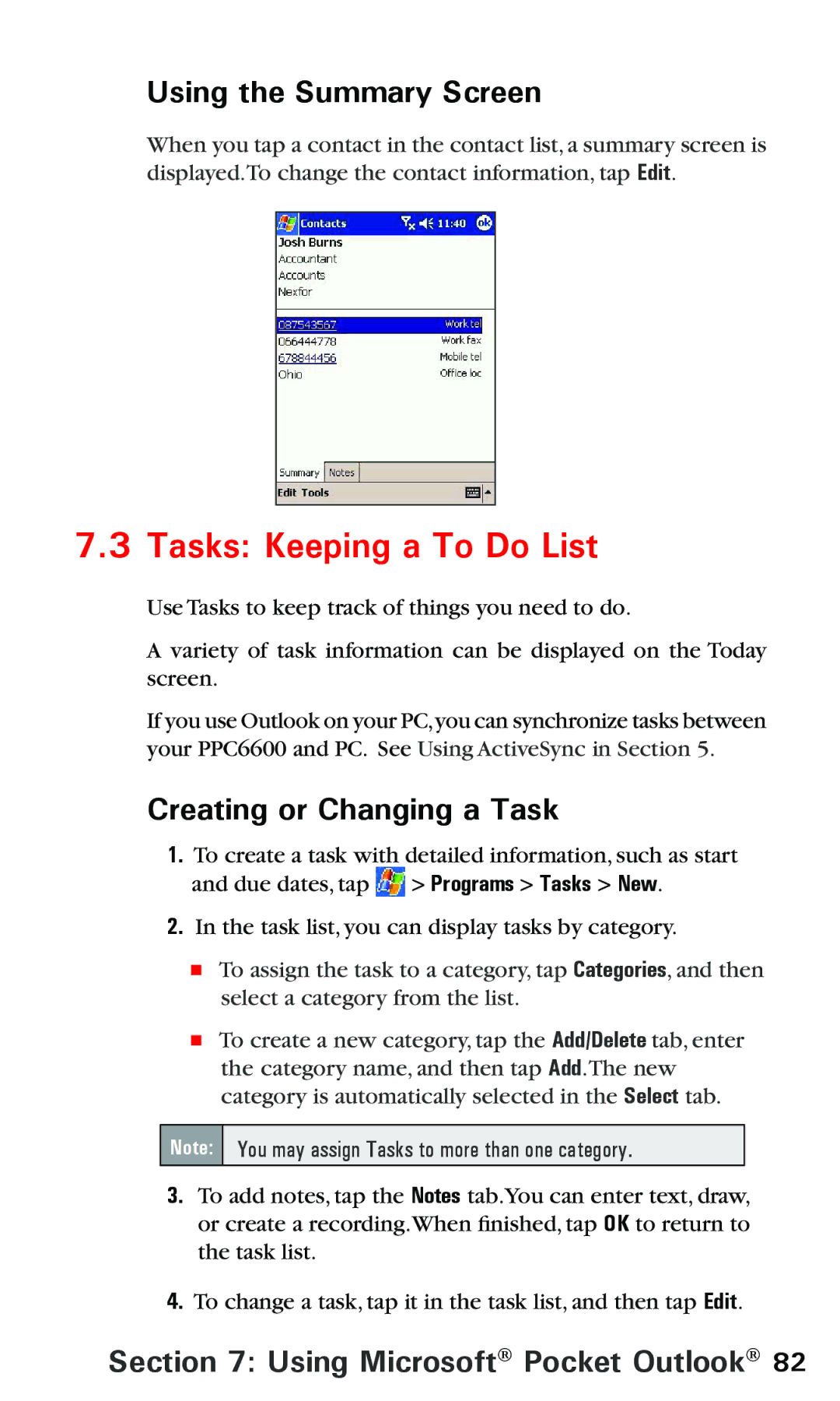 Audiovox PPC 6600 manual Tasks Keeping a To Do List, Creating or Changing a Task 