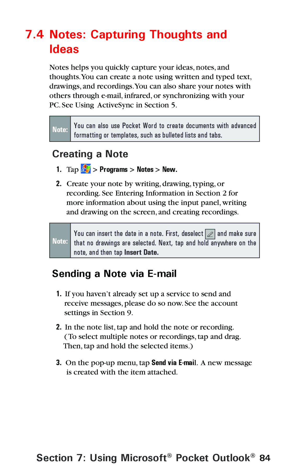 Audiovox PPC 6600 manual Creating a Note, Sending a Note via E-mail, Tap Programs Notes New 