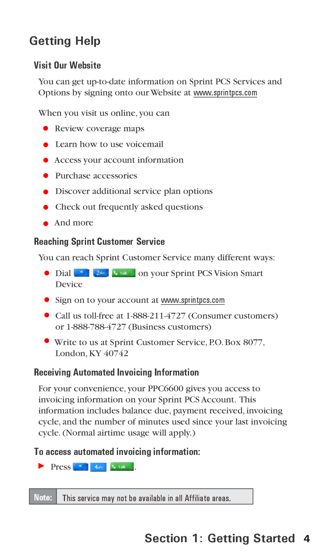 Audiovox PPC 6600 manual Getting Help, Visit Our Website, Reaching Sprint Customer Service 