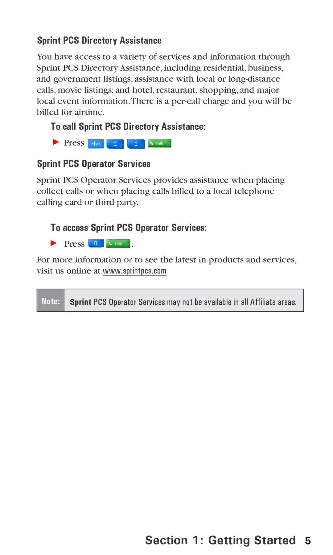 Audiovox PPC6600 manual To call Sprint PCS Directory Assistance, Sprint PCS Operator Services 