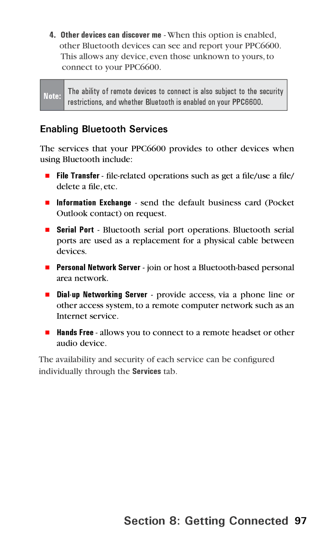 Audiovox PPC6600 manual Enabling Bluetooth Services 