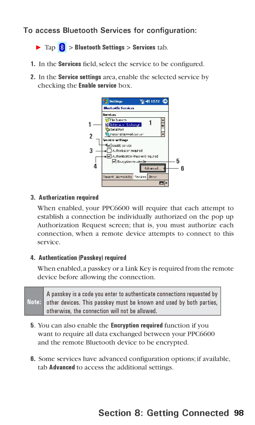 Audiovox PPC6600 manual To access Bluetooth Services for configuration,  Tap Bluetooth Settings Services tab 