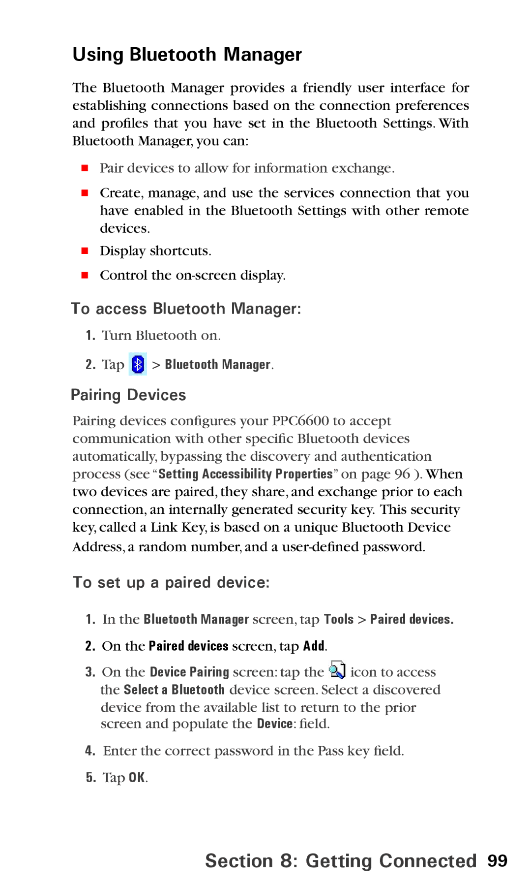 Audiovox PPC6600 manual Using Bluetooth Manager, To access Bluetooth Manager, Pairing Devices, To set up a paired device 