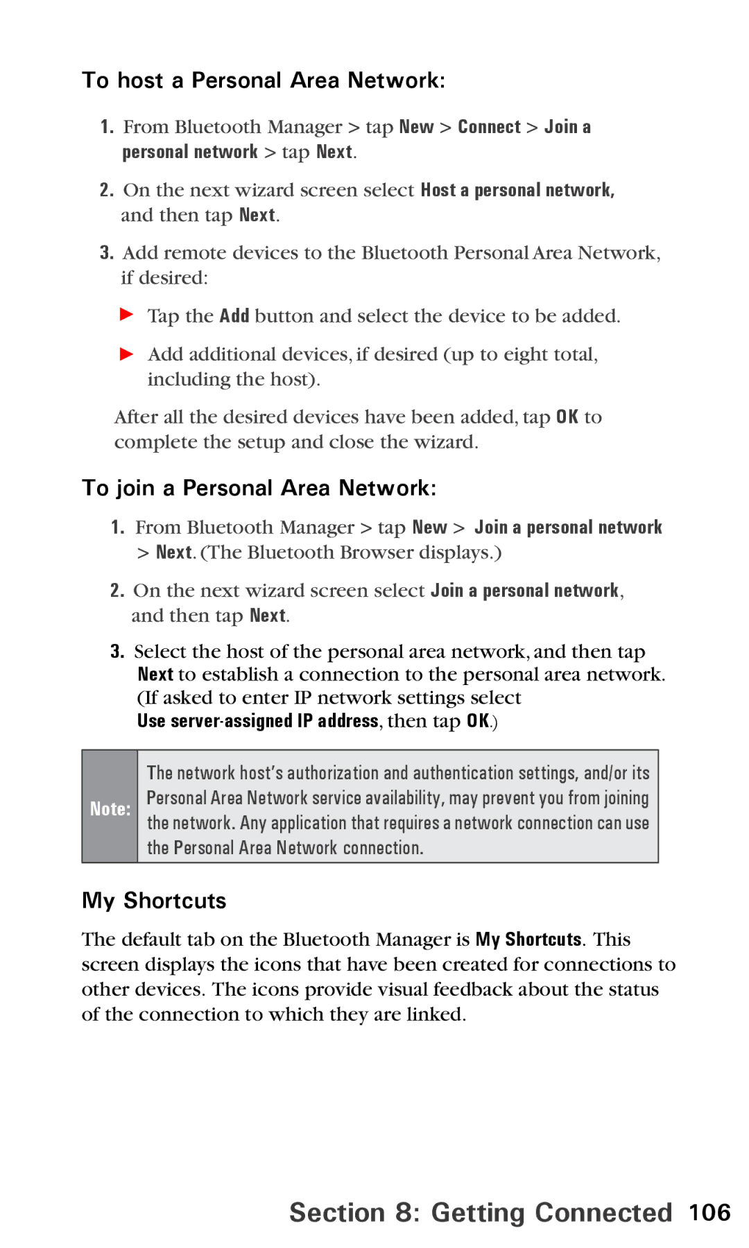 Audiovox PPC6600 manual To host a Personal Area Network, To join a Personal Area Network, My Shortcuts 