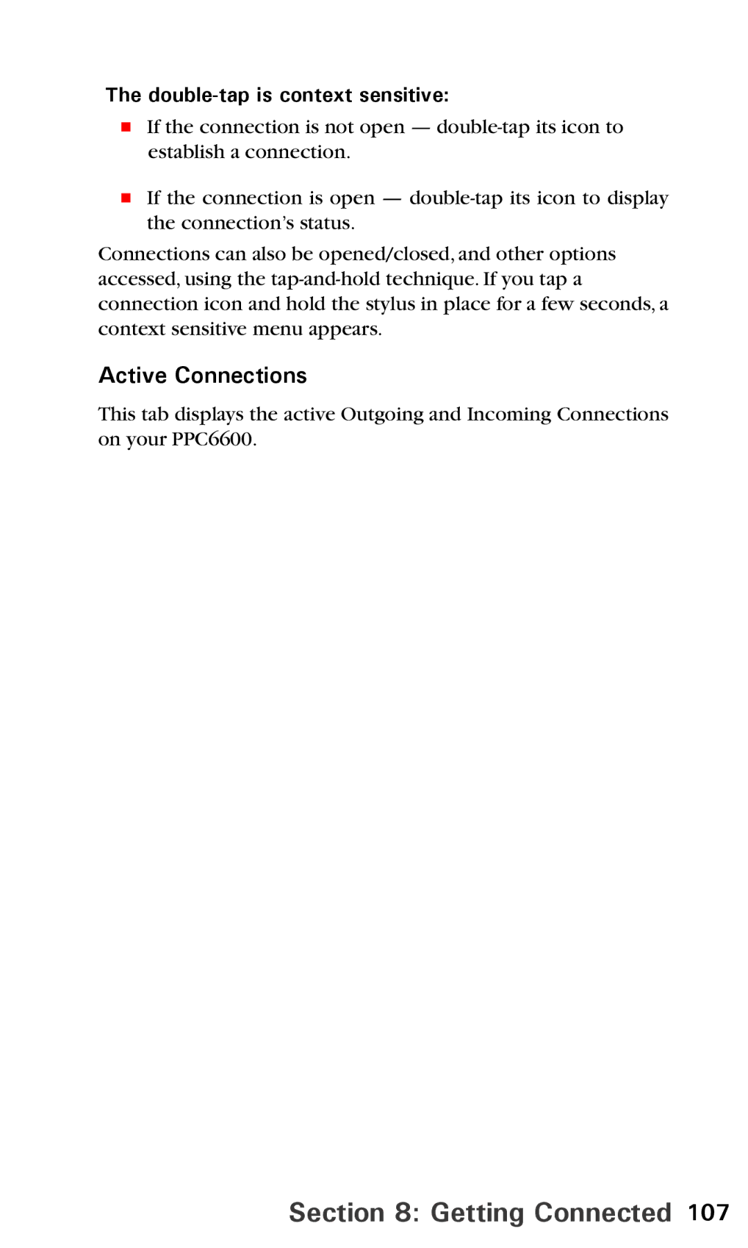 Audiovox PPC6600 manual Active Connections, Double-tap is context sensitive 