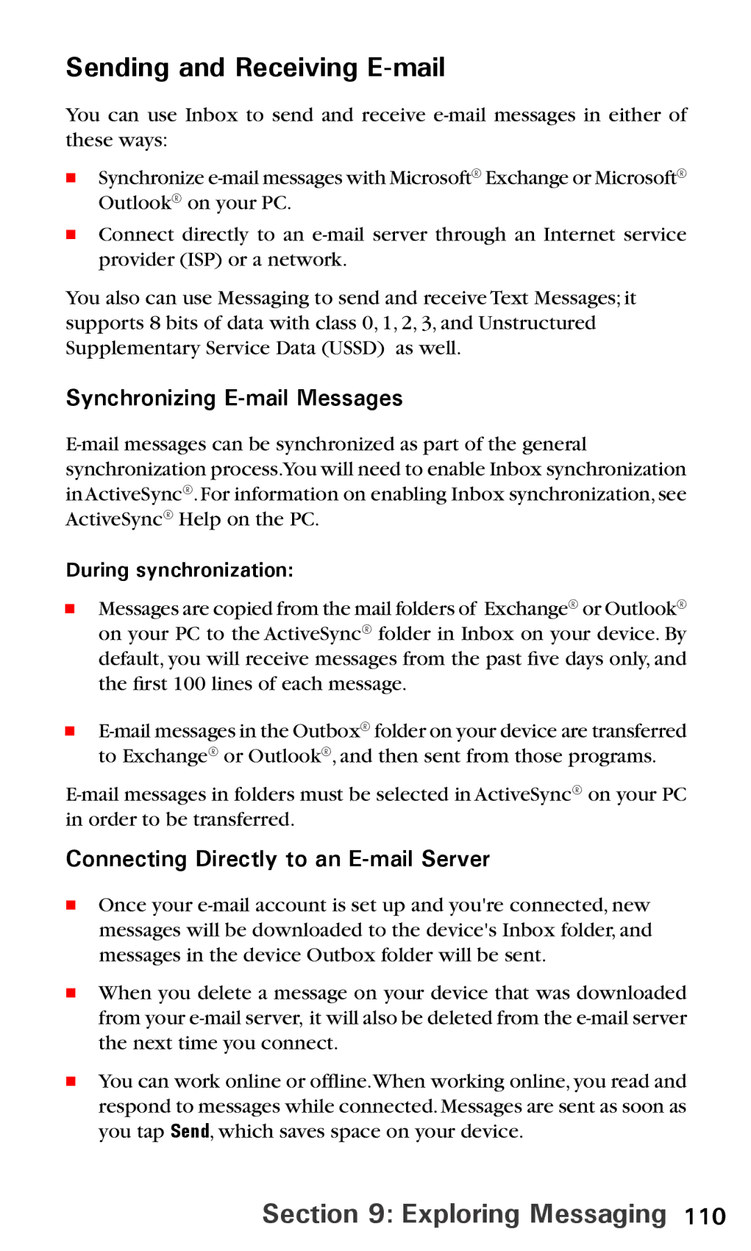 Audiovox PPC6600 Sending and Receiving E-mail, Synchronizing E-mail Messages, Connecting Directly to an E-mail Server 