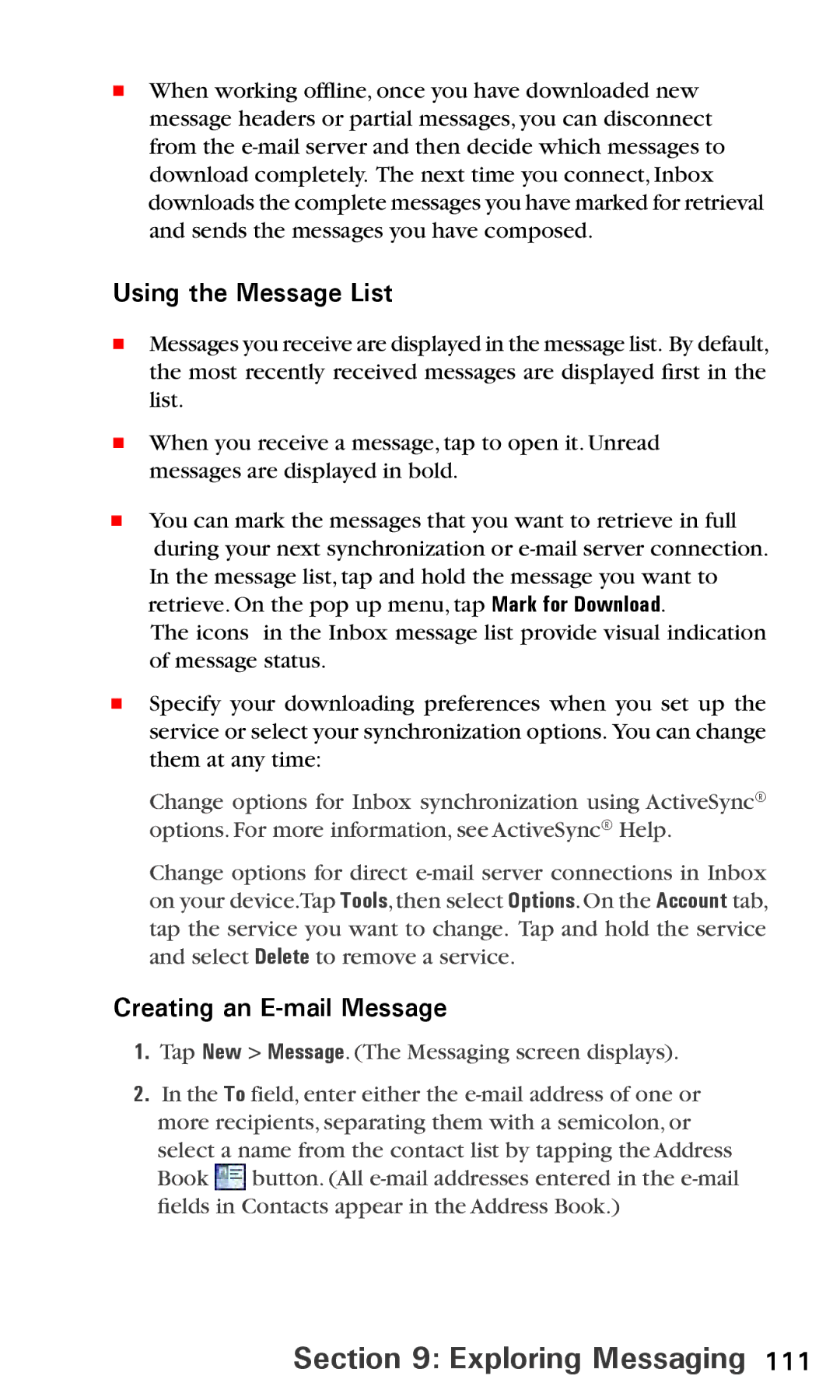 Audiovox PPC6600 manual Using the Message List, Creating an E-mail Message 