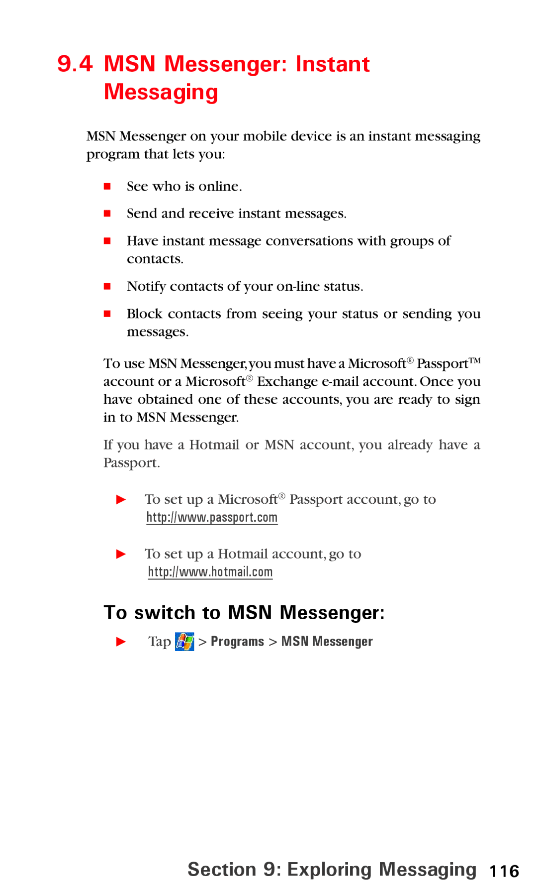 Audiovox PPC6600 manual To switch to MSN Messenger,  Tap Programs MSN Messenger 