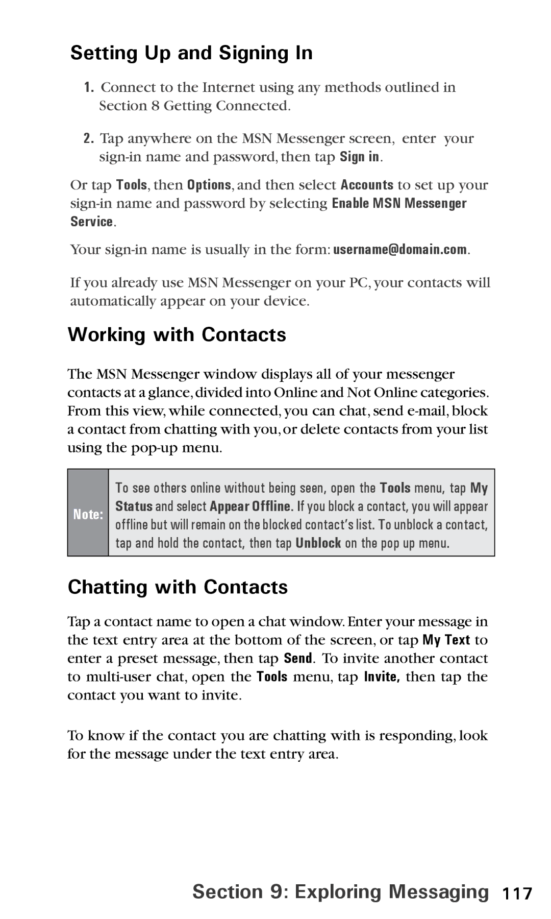 Audiovox PPC6600 manual Setting Up and Signing, Working with Contacts, Chatting with Contacts 