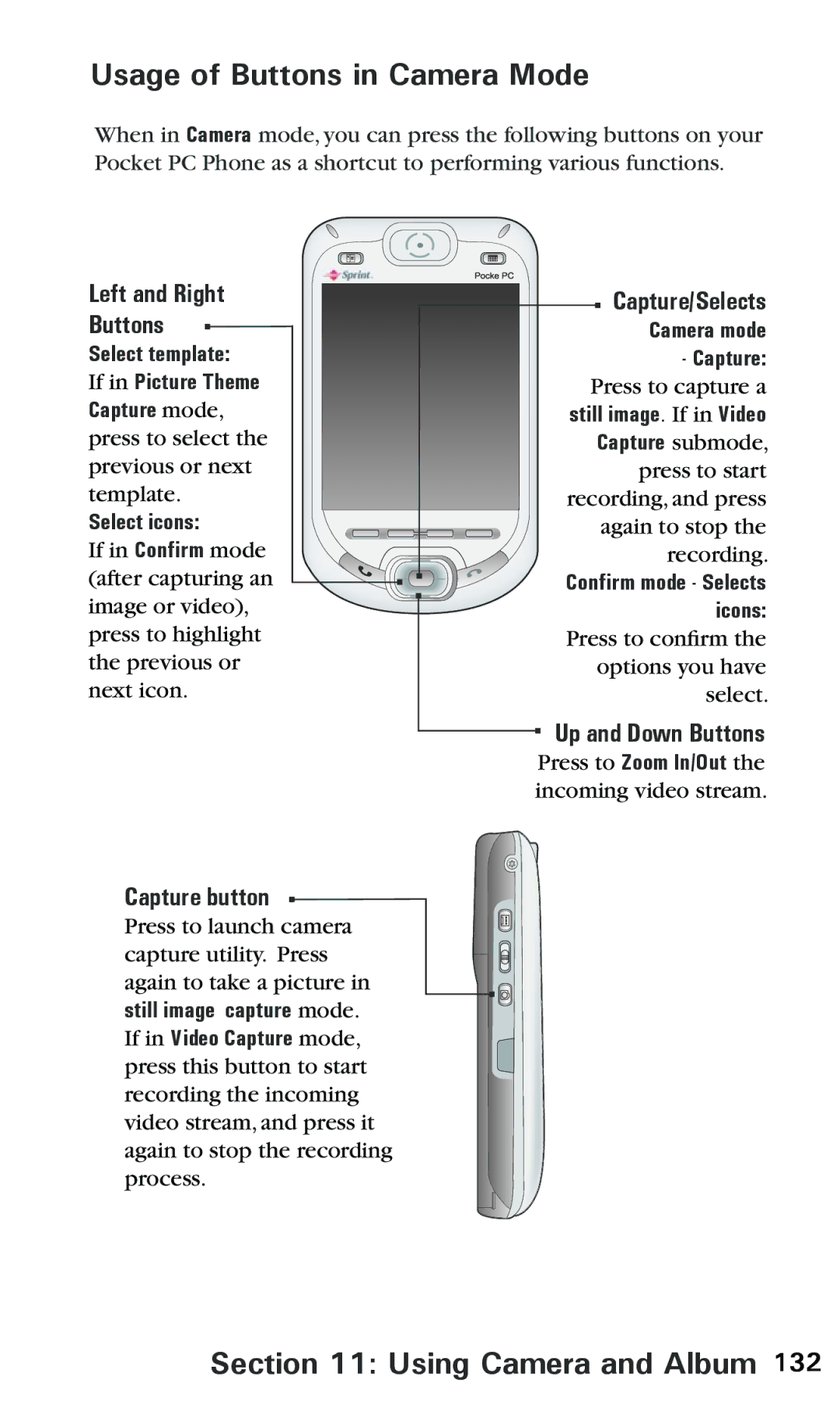 Audiovox PPC6600 manual Usage of Buttons in Camera Mode, Left and Right Buttons, Capture/Selects, Up and Down Buttons 