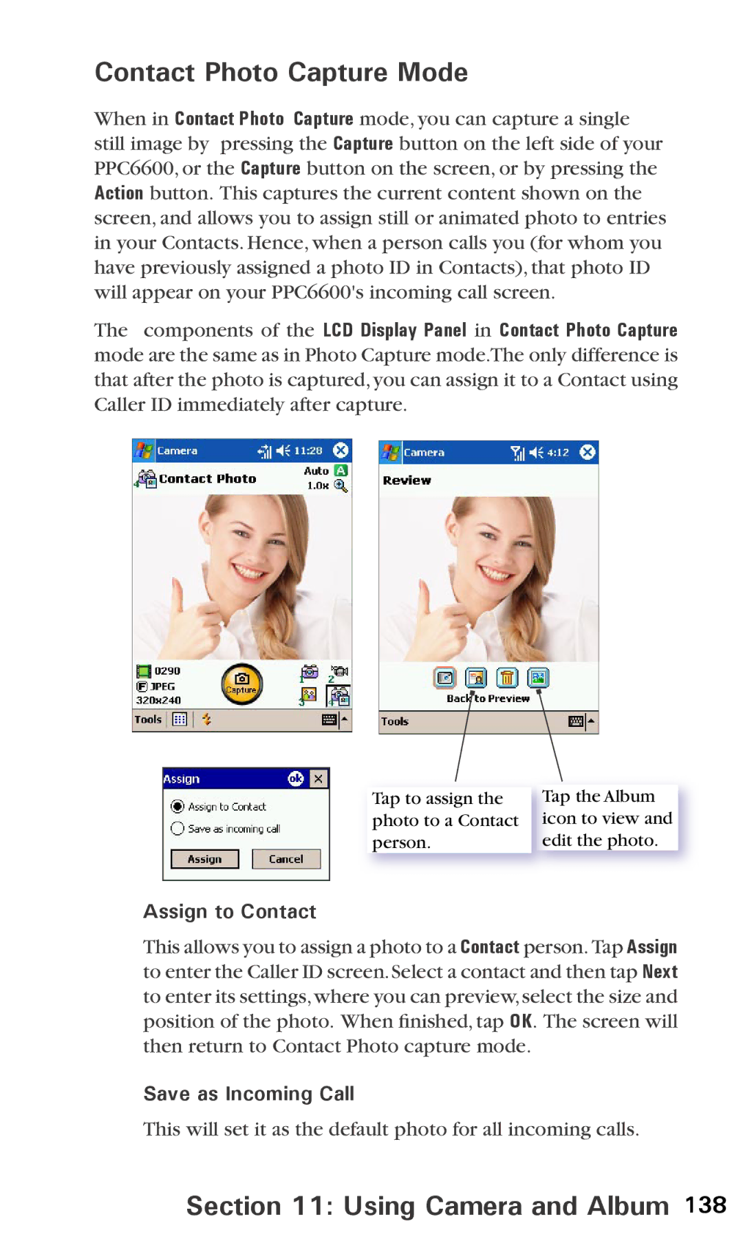 Audiovox PPC6600 manual Contact Photo Capture Mode, Assign to Contact, Save as Incoming Call 