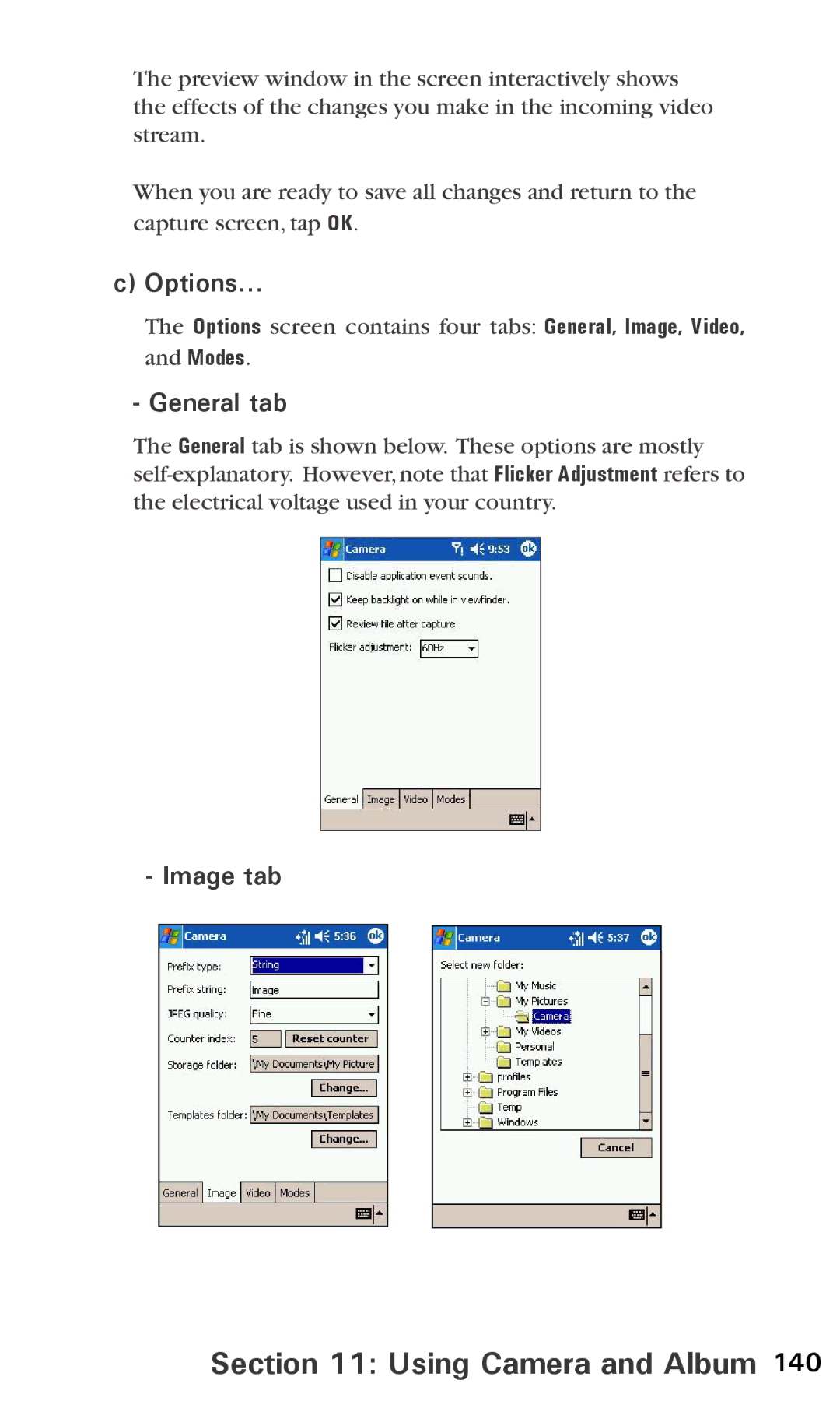 Audiovox PPC6600 manual Options, General tab, Image tab 