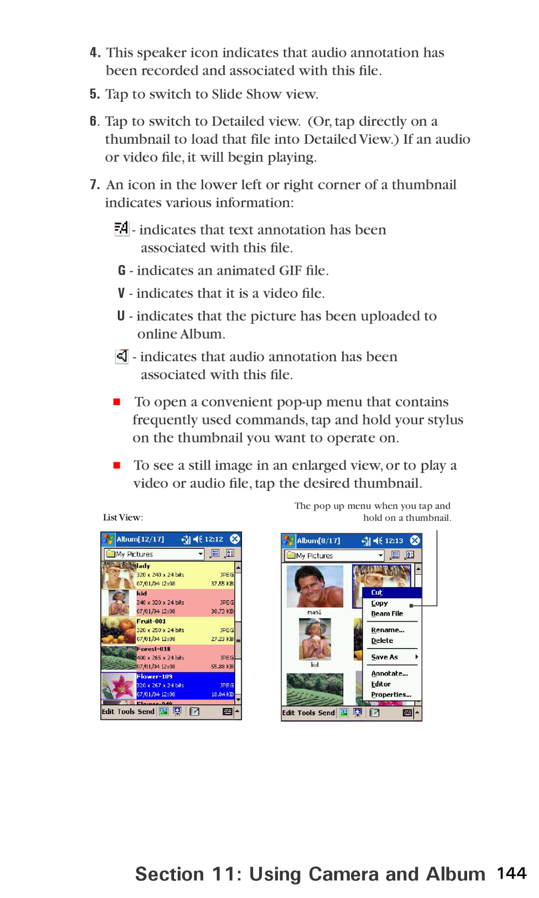 Audiovox PPC6600 manual Pop up menu when you tap 