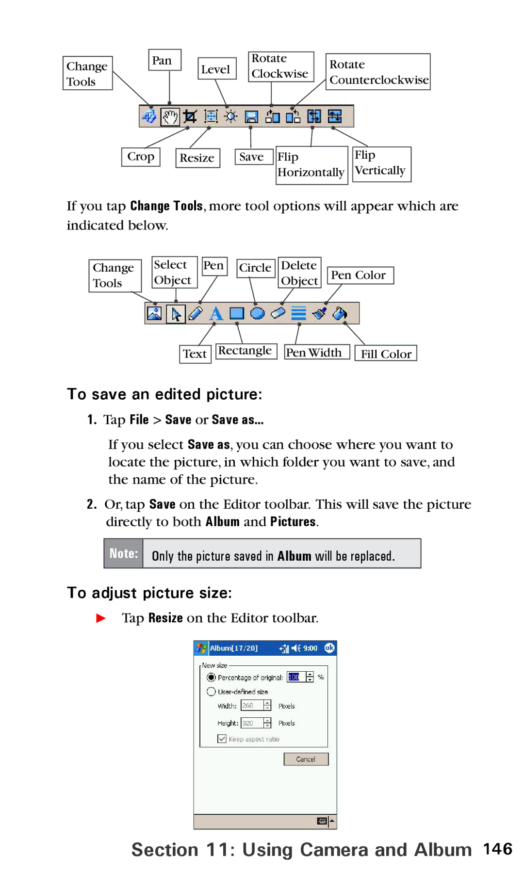 Audiovox PPC6600 manual To save an edited picture, To adjust picture size, Tap File Save or Save as 