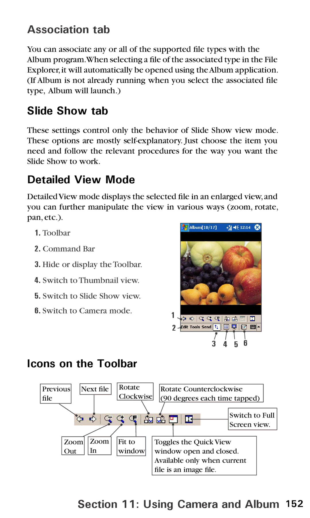 Audiovox PPC6600 manual Association tab, Slide Show tab, Detailed View Mode, Icons on the Toolbar 