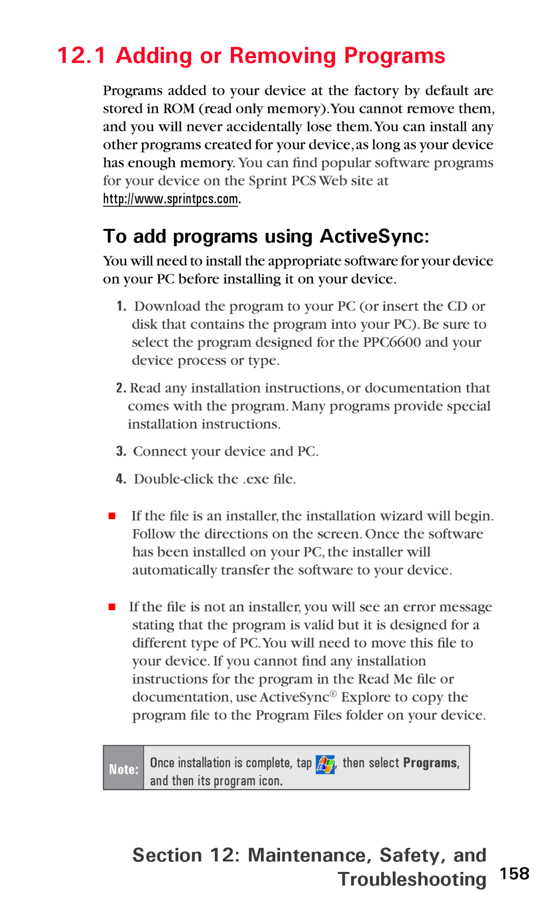 Audiovox PPC6600 Adding or Removing Programs, To add programs using ActiveSync, Maintenance, Safety, and Troubleshooting 