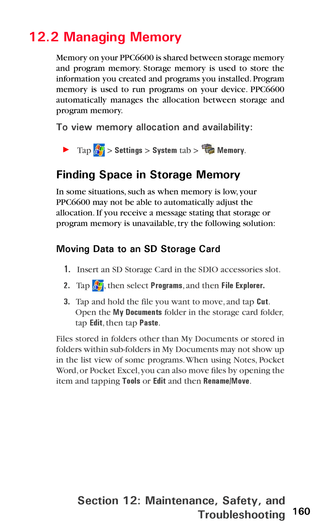 Audiovox PPC6600 manual Managing Memory, Finding Space in Storage Memory, To view memory allocation and availability 