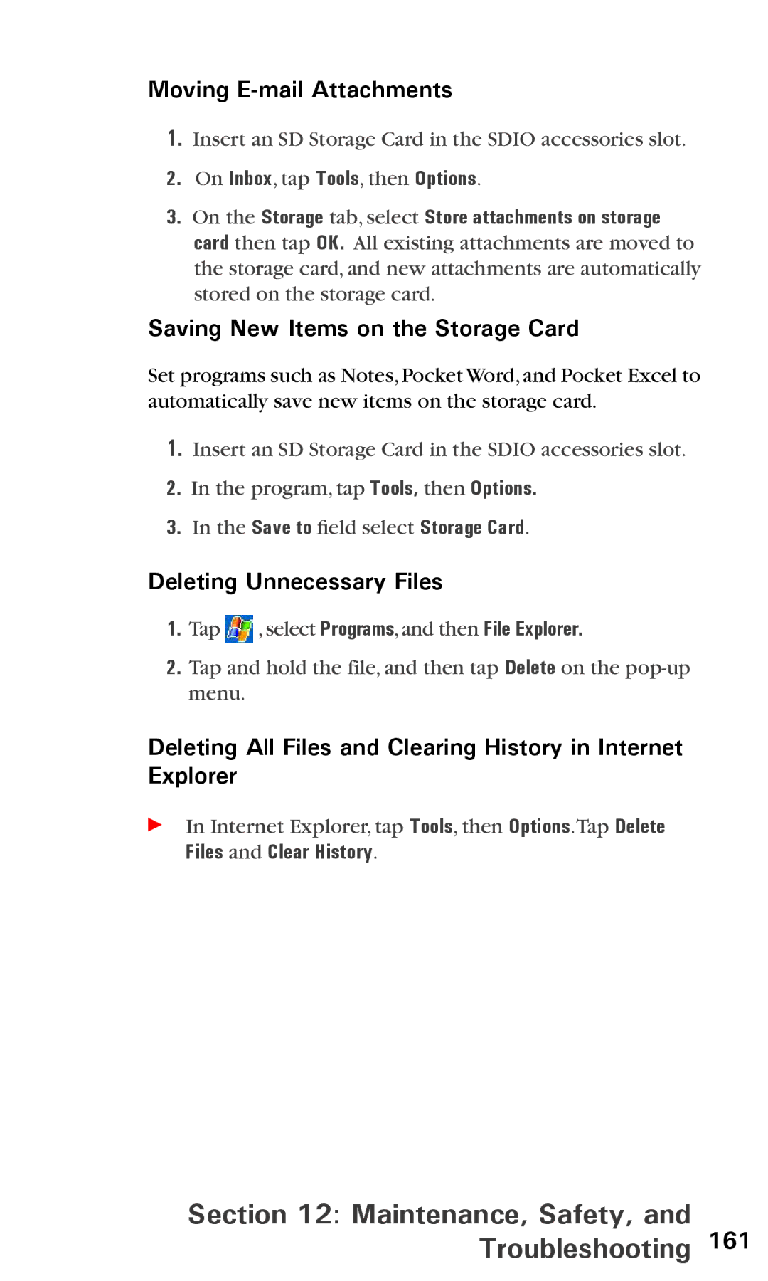Audiovox PPC6600 manual Moving E-mail Attachments, Saving New Items on the Storage Card, Deleting Unnecessary Files 