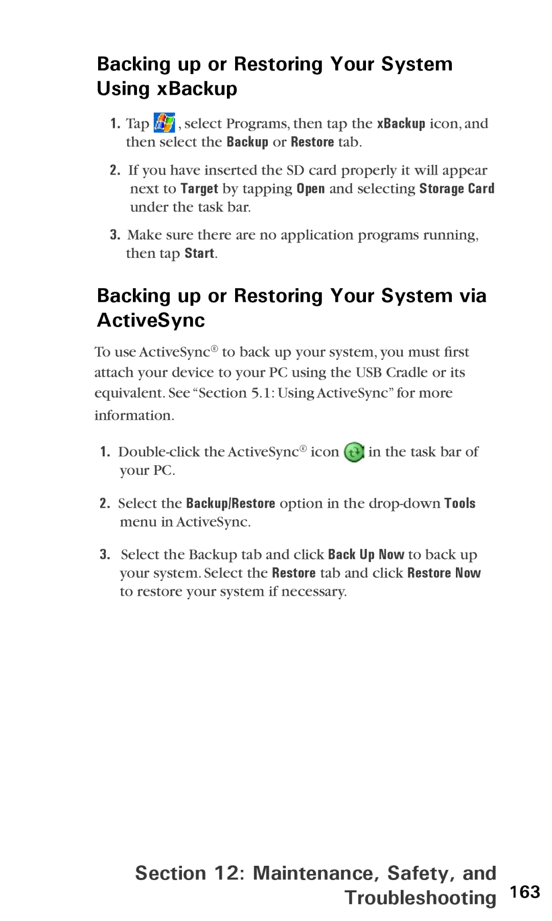 Audiovox PPC6600 Backing up or Restoring Your System Using xBackup, Backing up or Restoring Your System via ActiveSync 