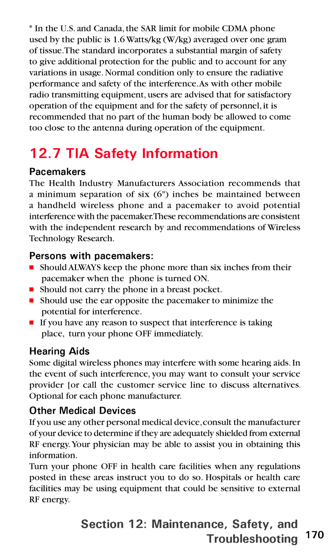 Audiovox PPC6600 manual TIA Safety Information, Pacemakers, Persons with pacemakers, Hearing Aids, Other Medical Devices 