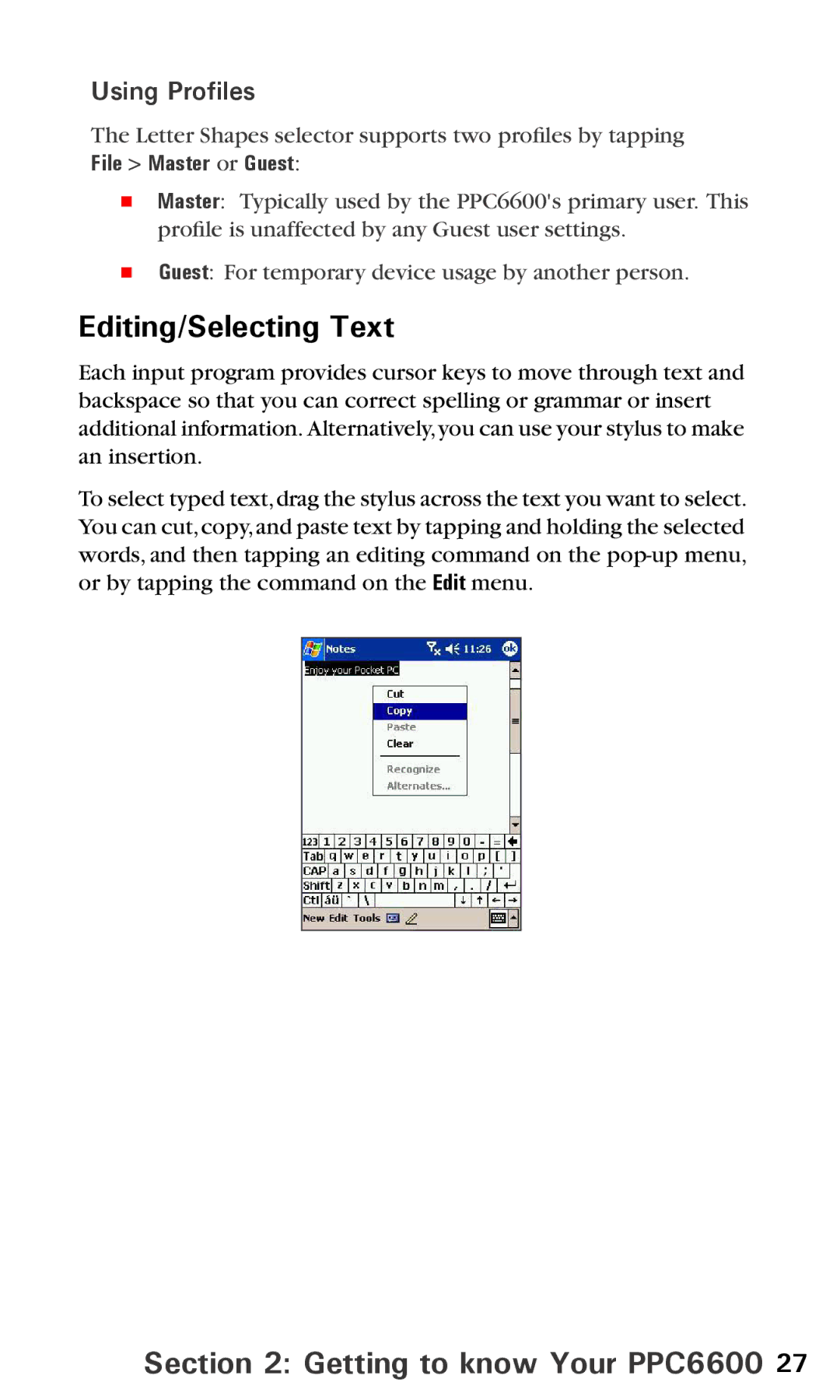 Audiovox PPC6600 manual Editing/Selecting Text, Using Profiles 