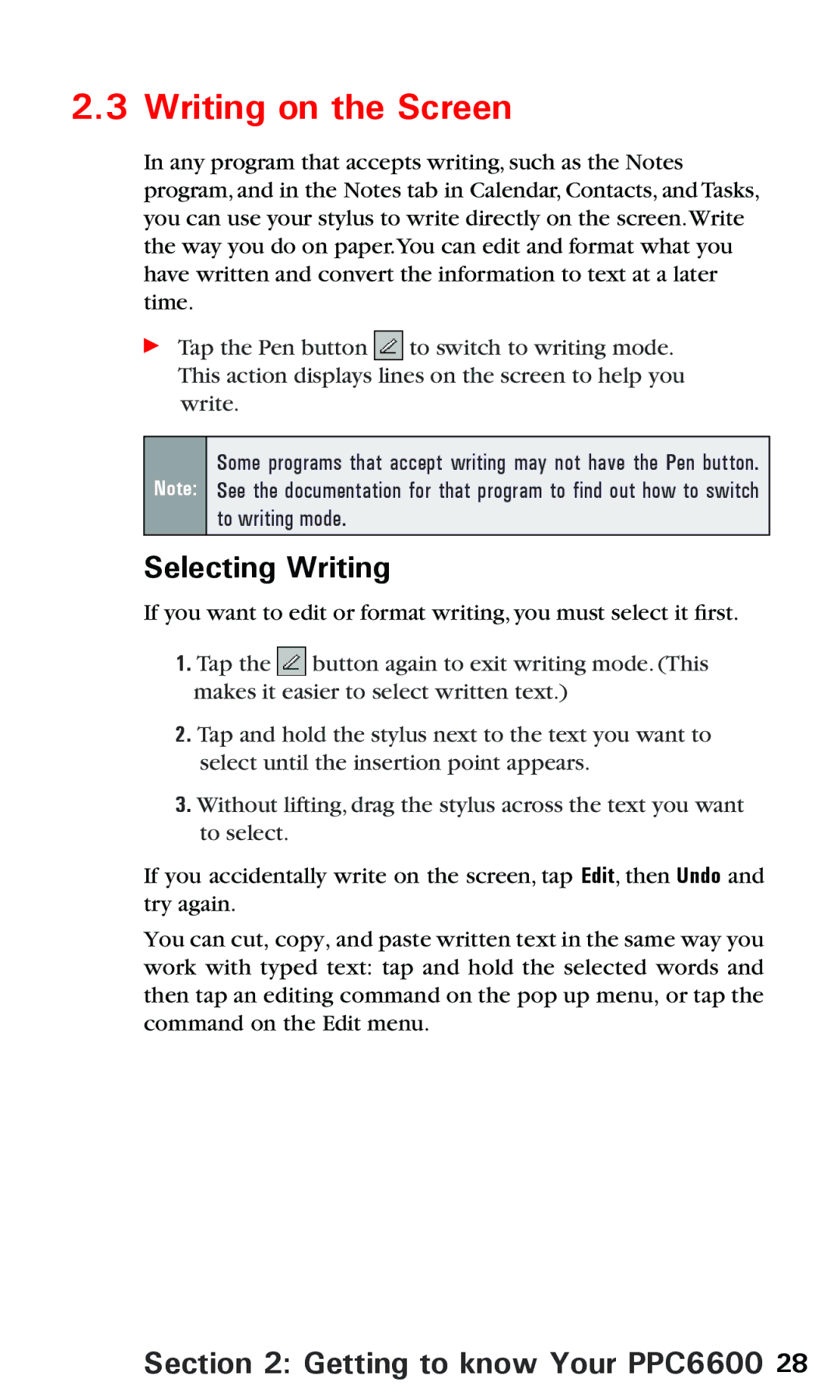 Audiovox PPC6600 manual Writing on the Screen, Selecting Writing 