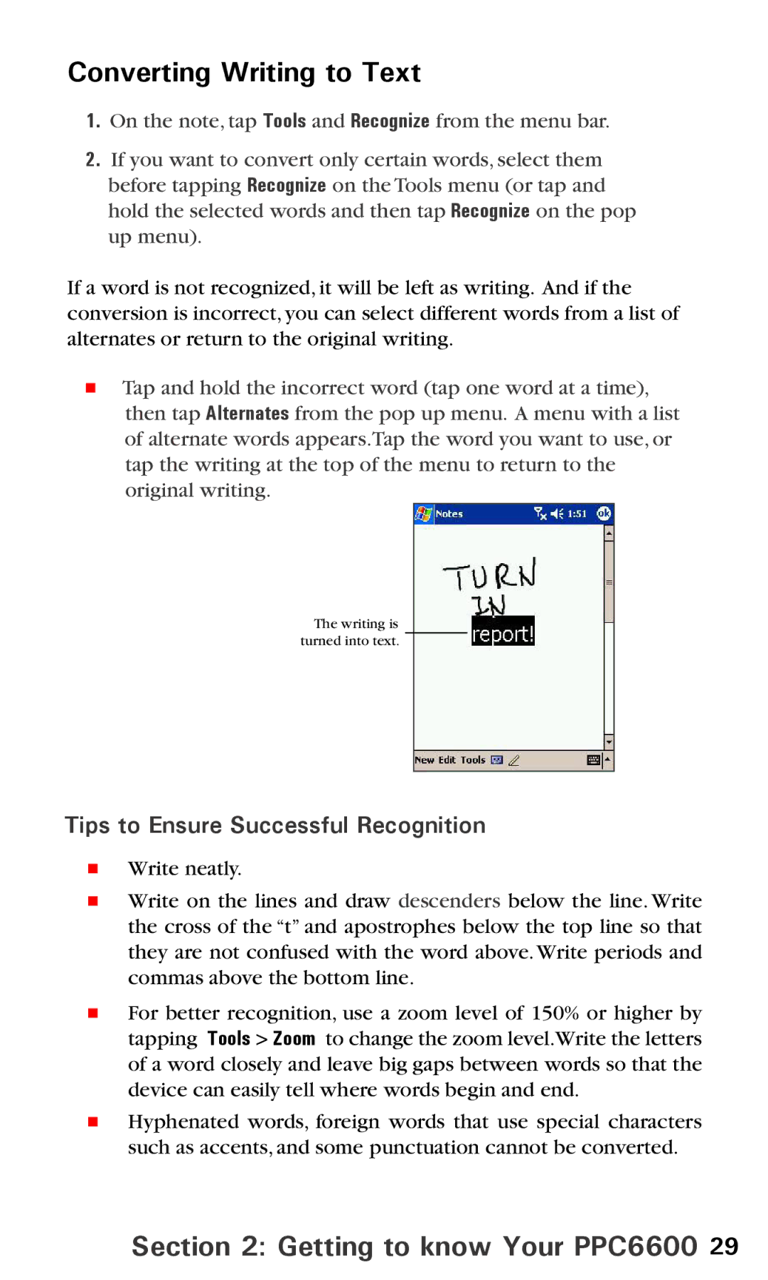 Audiovox PPC6600 manual Converting Writing to Text, Tips to Ensure Successful Recognition 