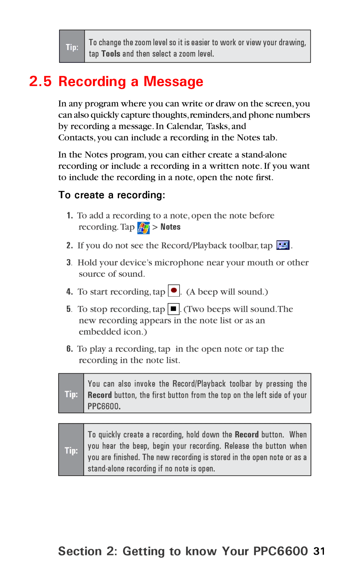 Audiovox PPC6600 manual Recording a Message, To create a recording 