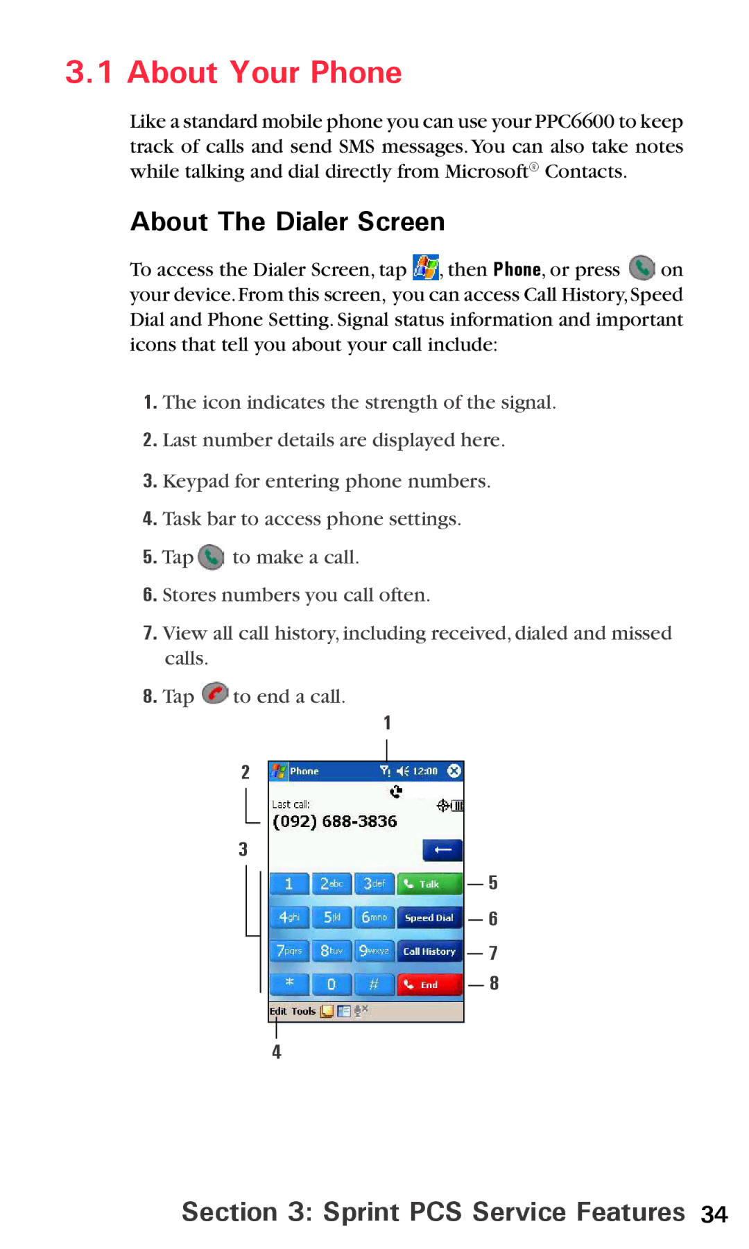 Audiovox PPC6600 manual About The Dialer Screen, Sprint PCS Service Features 