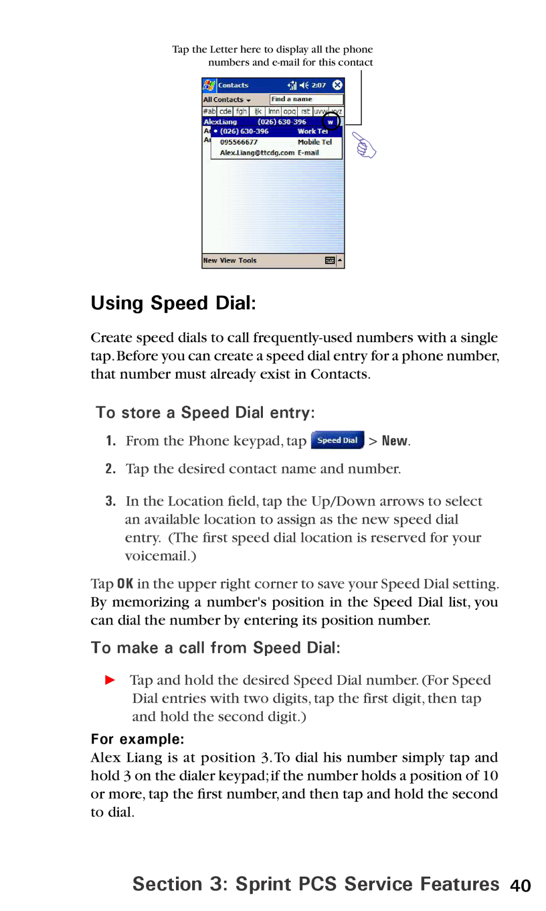 Audiovox PPC6600 manual Using Speed Dial, To store a Speed Dial entry, To make a call from Speed Dial, For example 