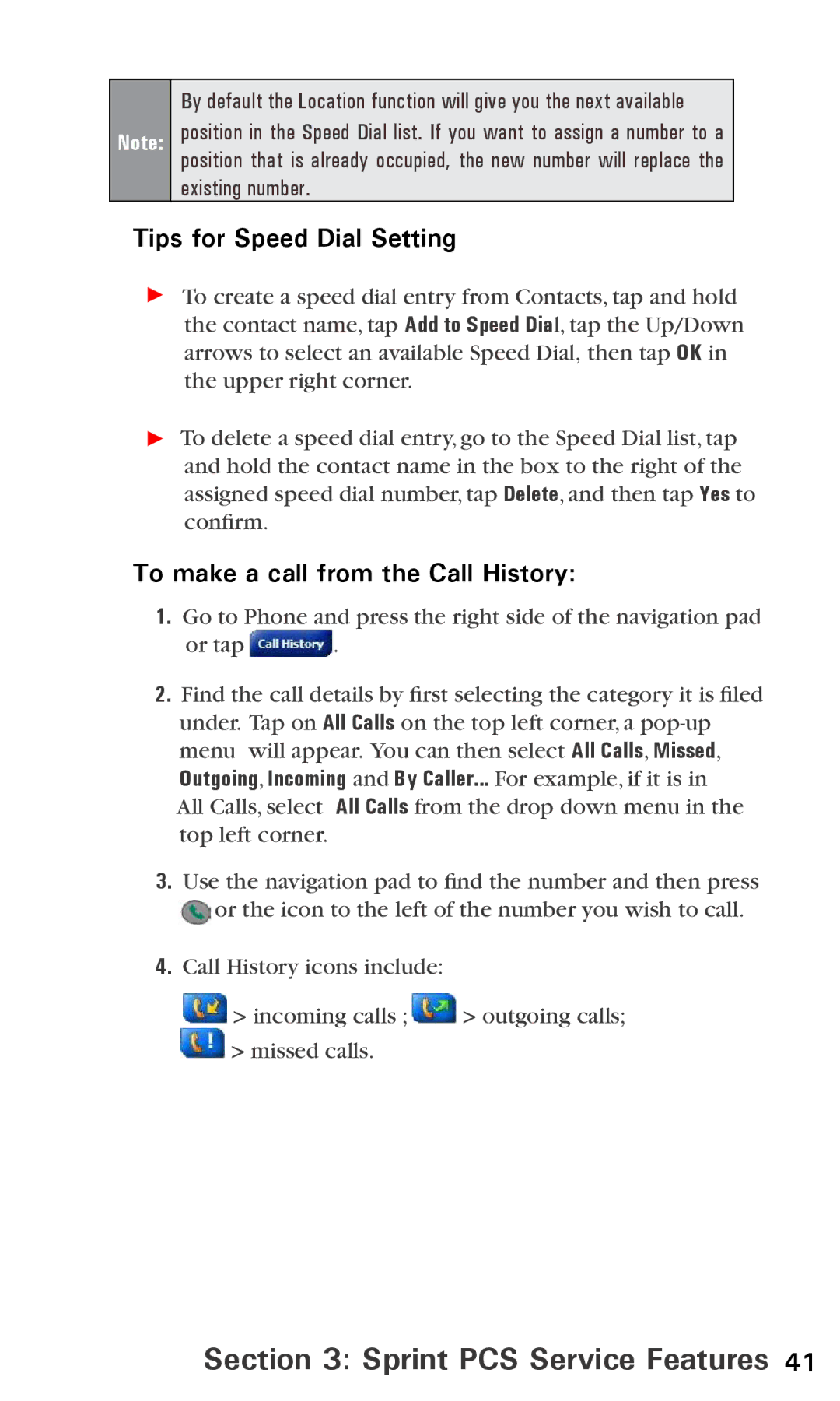 Audiovox PPC6600 manual Tips for Speed Dial Setting, To make a call from the Call History 