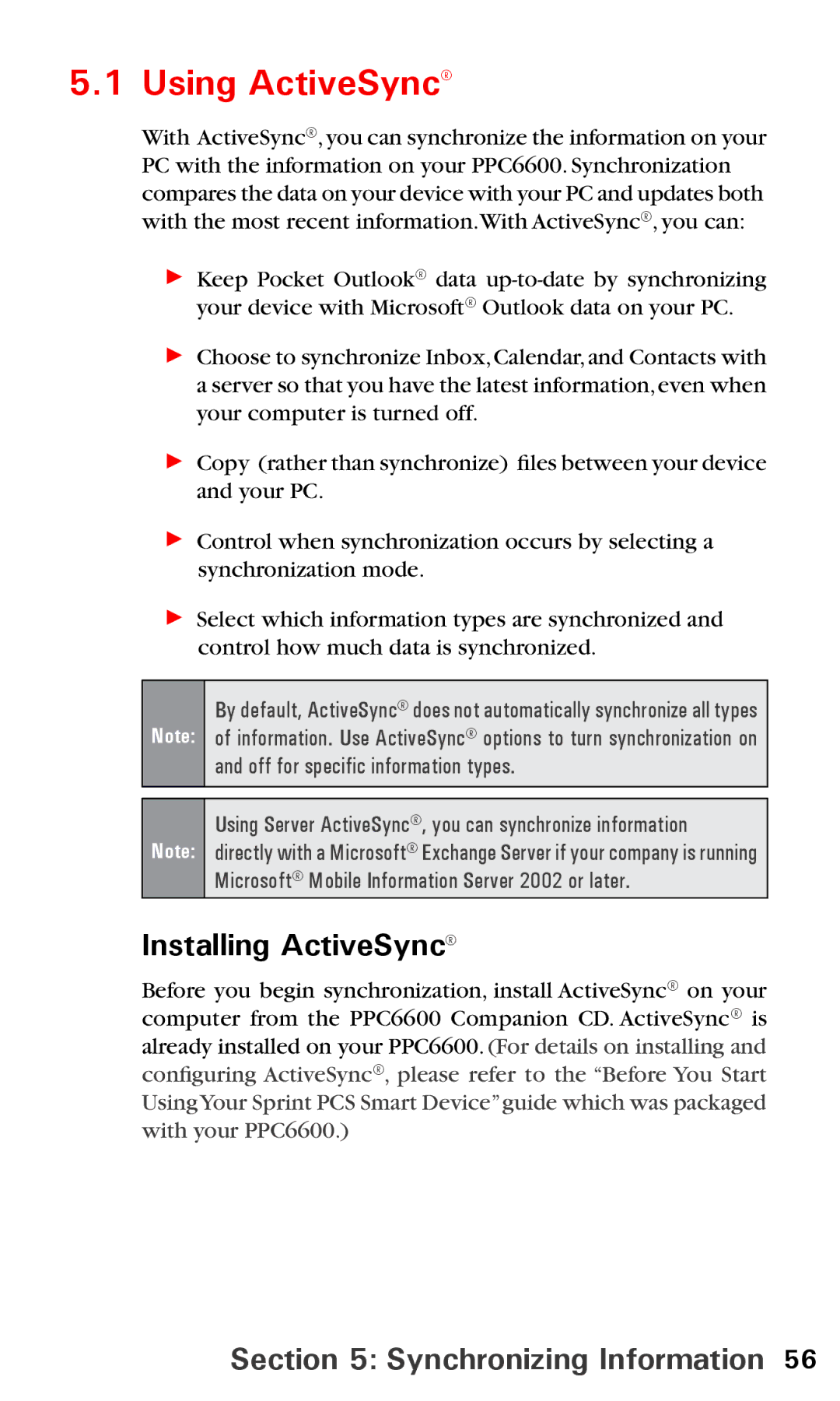 Audiovox PPC6600 manual Using ActiveSync, Installing ActiveSync, Synchronizing Information 