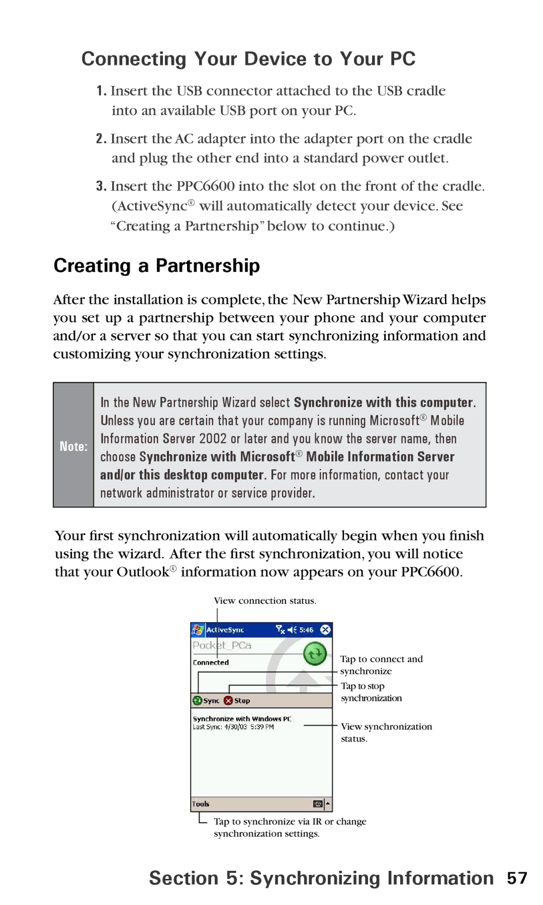 Audiovox PPC6600 manual Connecting Your Device to Your PC, Creating a Partnership 